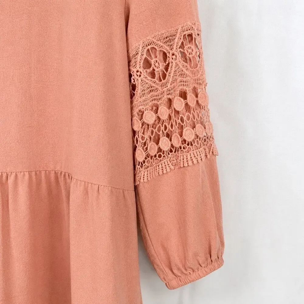 Hailey & Co. Dusty Rose Lace Sleeve Babydoll Blouse Top Women’s Large Boho